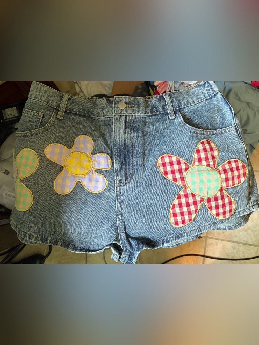ROMWE Blue Denim Shorts with Gingham Flower Patches